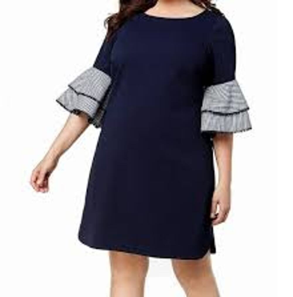 Chico's Gingham Layered Ruffle Sleeve Mini Shift Dress Navy Women's Size 2 NWT